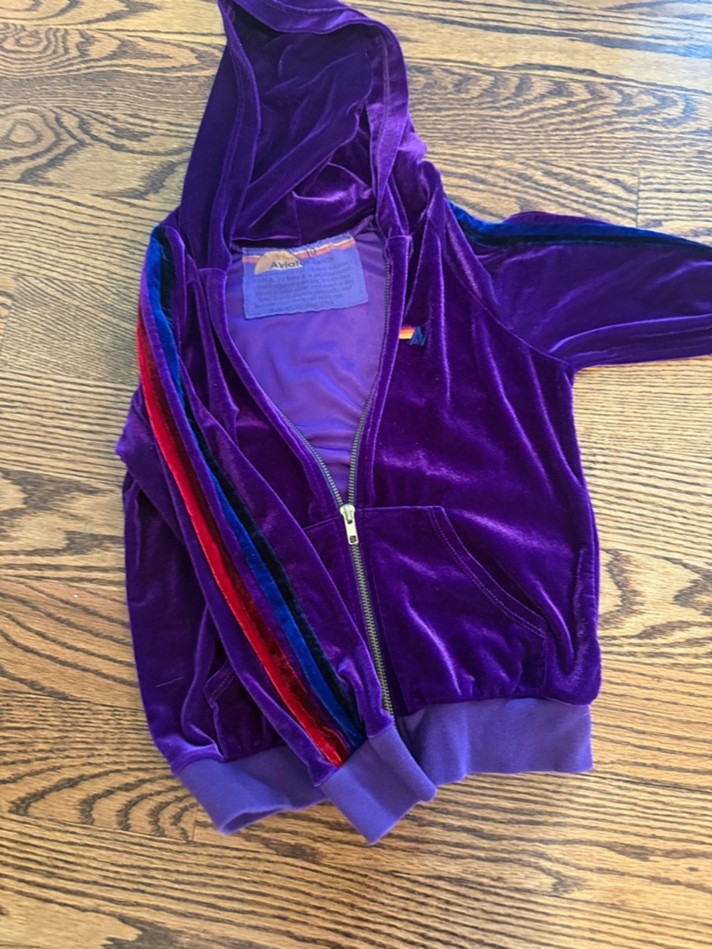 Aviator Nation Purple Velour Zip Hoodie with Rainbow Shoulder Stripes - Picture 4 of 4